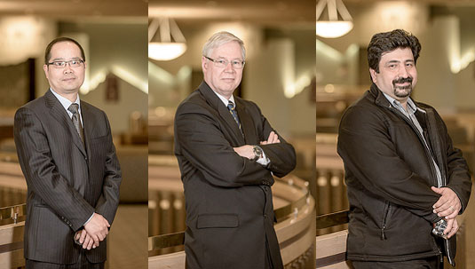 2013 Digital Alberta Award recipients (from left) Dr. Bin Zheng (UA), Dr. Duane Szafron (UA) and Dr. Faramarz Samavati (UC). Photos by Lance Burns and Heiko Ryll.